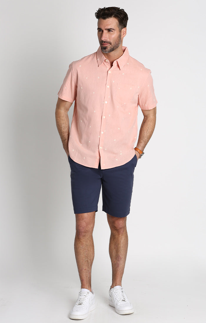 Pink Surfer Print Short Sleeve Cotton Linen Shirt - stjohnscountycondos