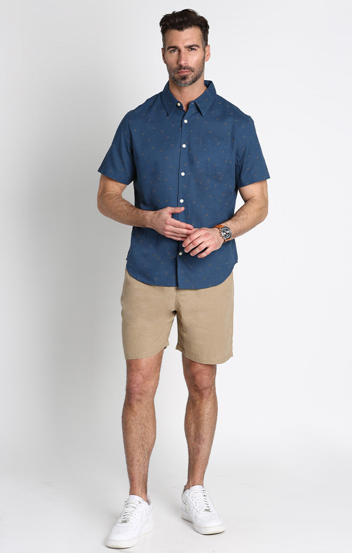 Dark Blue Short Sleeve Cotton Linen Shirt - stjohnscountycondos