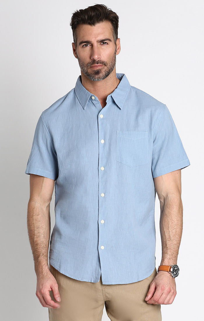 Blue Short Sleeve Cotton Linen Shirt - stjohnscountycondos