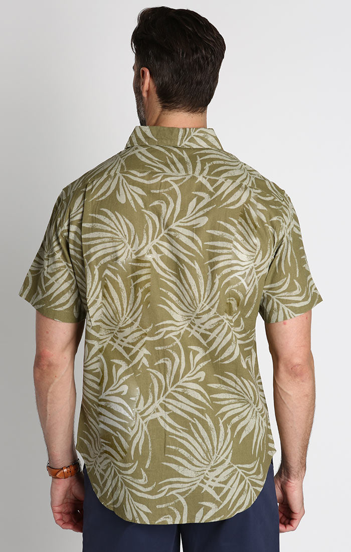 Olive Monstera Print Short Sleeve Cotton Linen Shirt - stjohnscountycondos