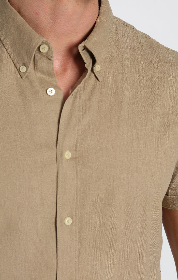 Tan Linen Blend Short Sleeve Shirt - stjohnscountycondos