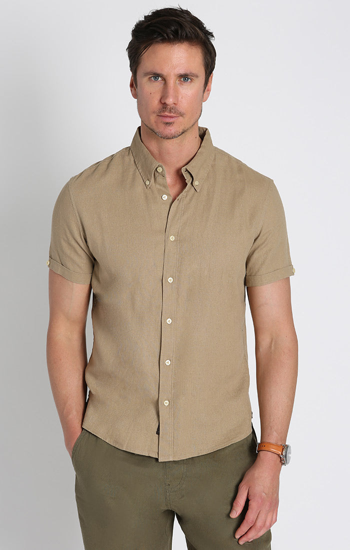 Tan Linen Blend Short Sleeve Shirt - stjohnscountycondos