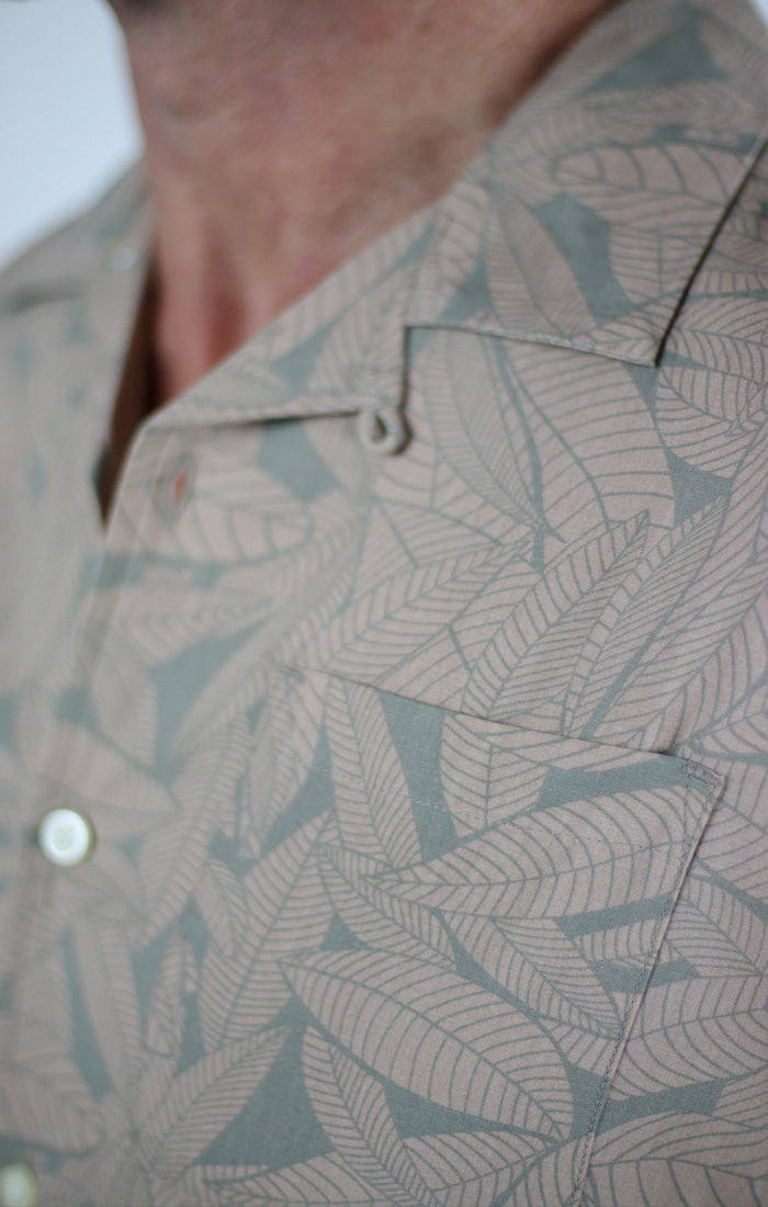 Taupe Leaf Print Rayon Short Sleeve Camp Shirt - stjohnscountycondos