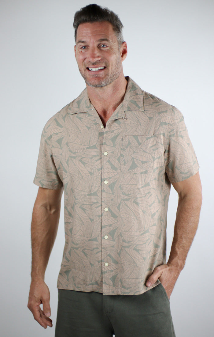 Taupe Leaf Print Rayon Short Sleeve Camp Shirt - stjohnscountycondos
