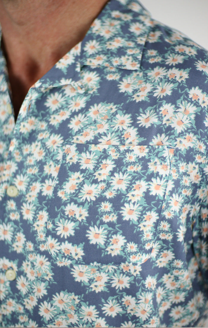 Blue Micro Floral Print Rayon Short Sleeve Camp Shirt - stjohnscountycondos