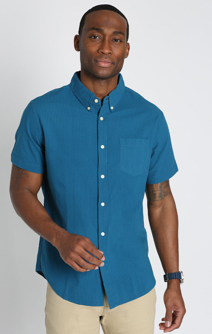 Blue Seersucker Short Sleeve Shirt - stjohnscountycondos