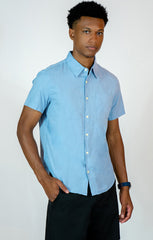Blue Cotton Linen Short Sleeve Shirt - stjohnscountycondos
