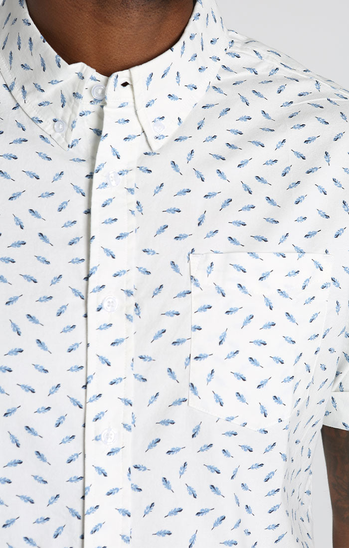 White Feather Print Short Sleeve Oxford Shirt - stjohnscountycondos