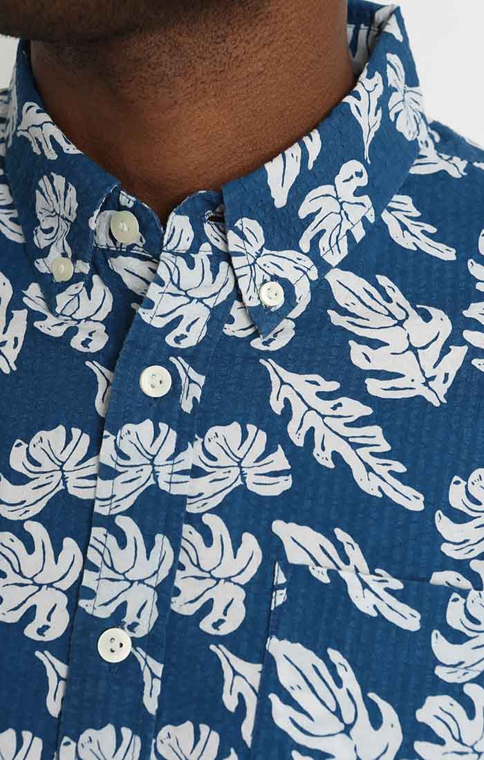 Blue Leaf Print Seersucker Short Sleeve Shirt - stjohnscountycondos