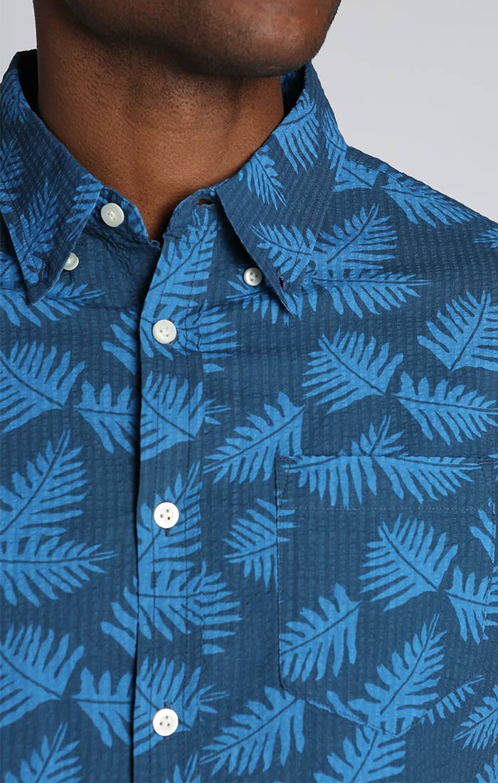 Indigo Leaf Print Seersucker Short Sleeve Shirt - stjohnscountycondos