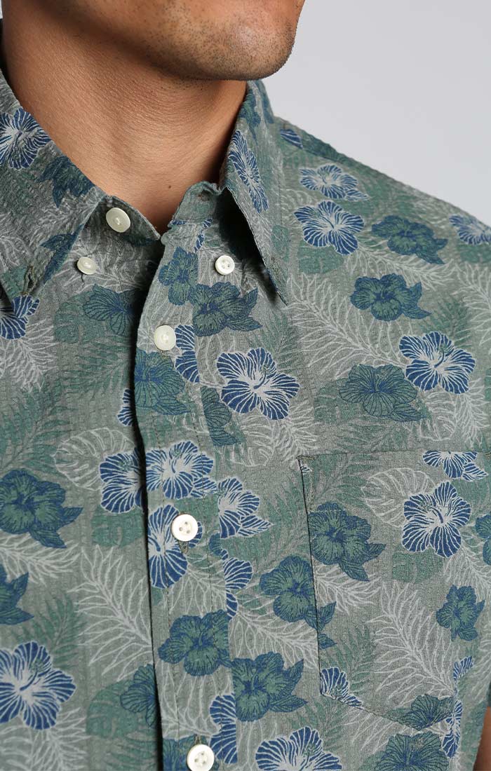 Olive Floral Print Seersucker Short Sleeve Shirt - stjohnscountycondos