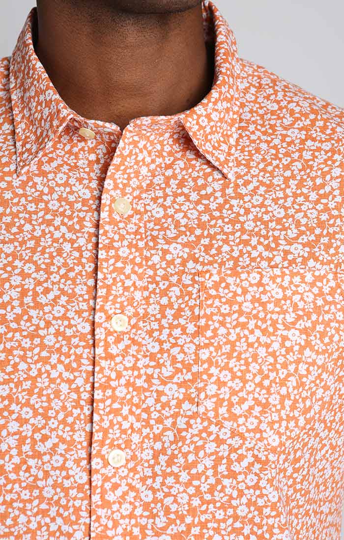 Orange Floral Print Stretch Linen Cotton Shirt - stjohnscountycondos
