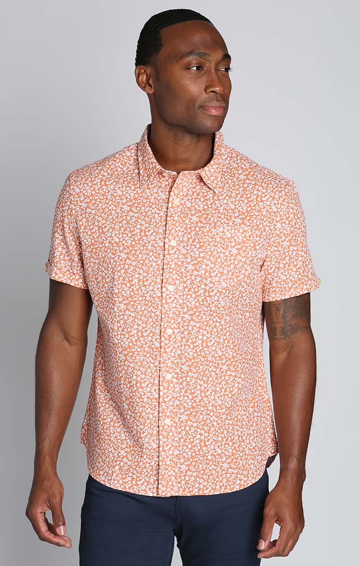 Orange Floral Print Stretch Linen Cotton Shirt - stjohnscountycondos