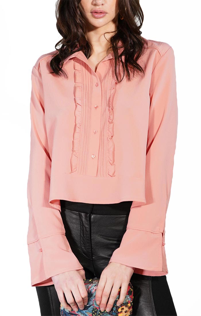 Pink Cropped Ruffle Placket Blouse - stjohnscountycondos