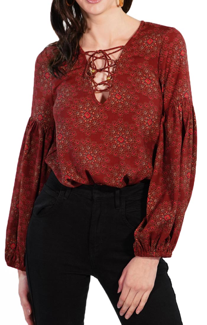 Red Tie Up Bodysuit with Peasant Sleeves - stjohnscountycondos