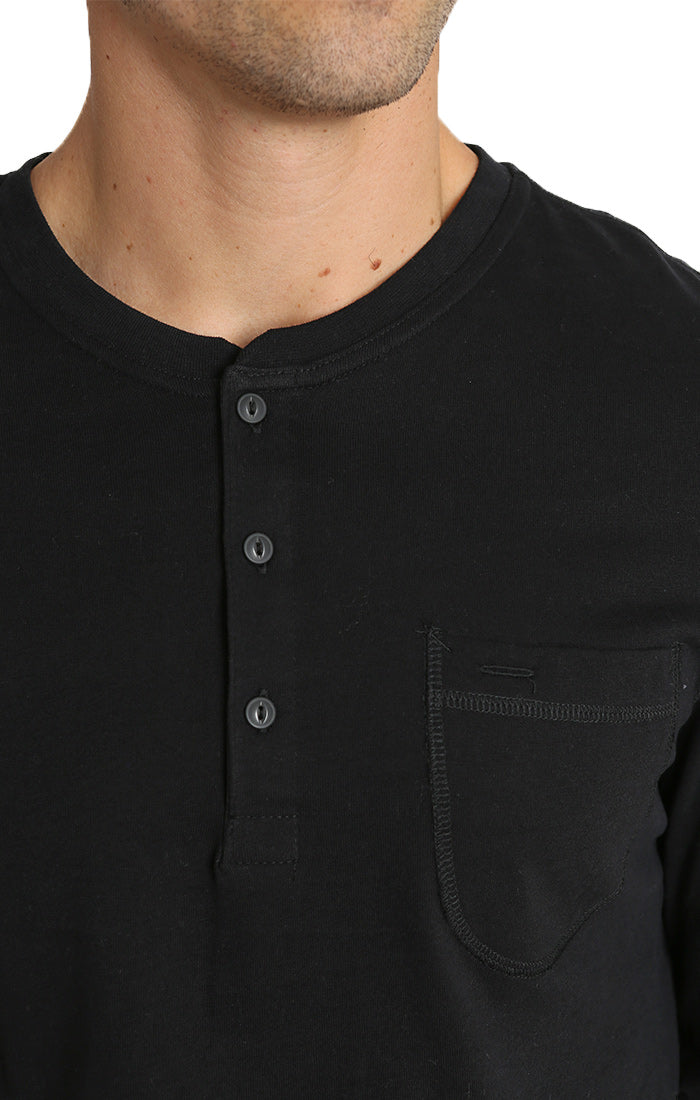 Jet Black Sueded Cotton Long Sleeve Henley - stjohnscountycondos