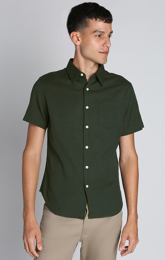 Army Green Cotton Linen Short Sleeve Shirt - stjohnscountycondos