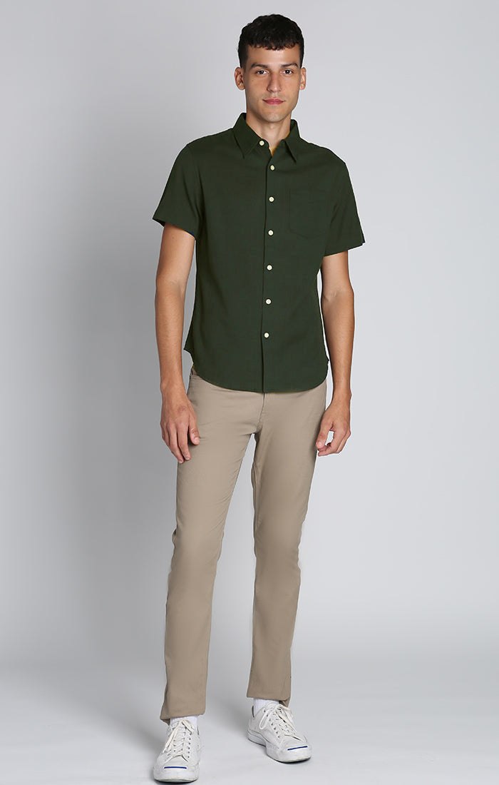 Army Green Cotton Linen Short Sleeve Shirt - stjohnscountycondos