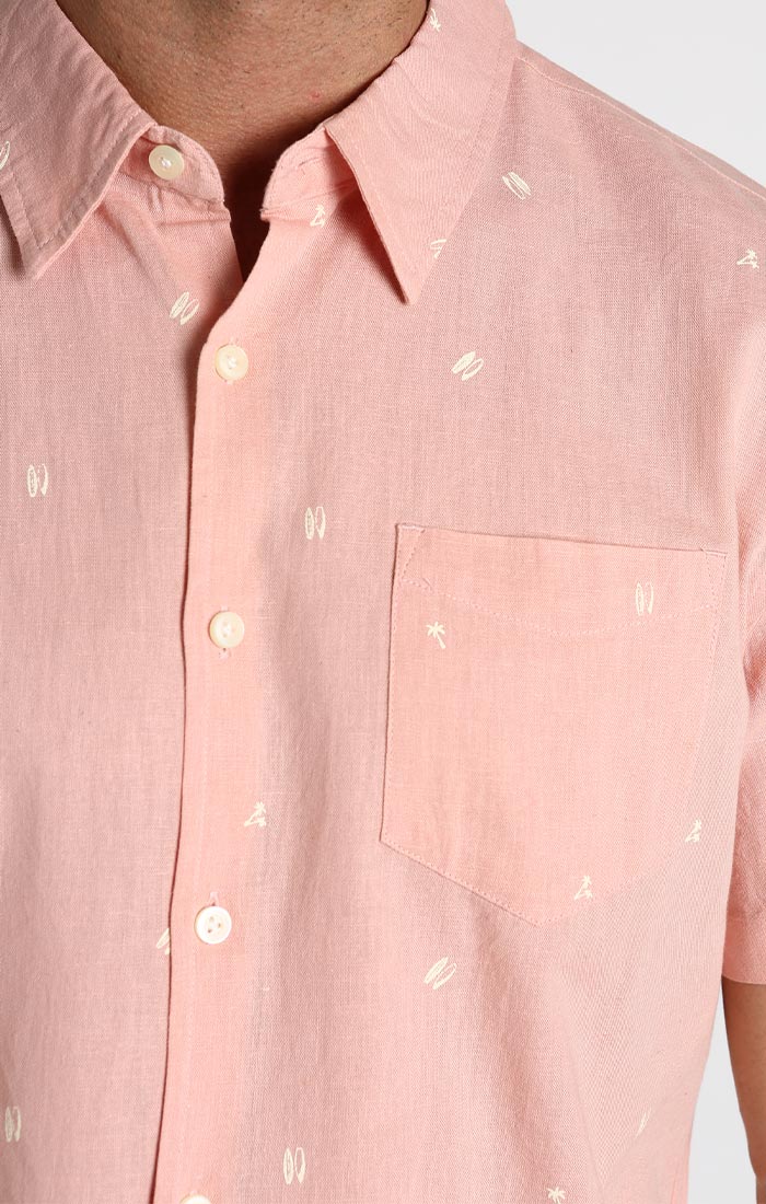Pink Surfer Print Short Sleeve Cotton Linen Shirt - stjohnscountycondos