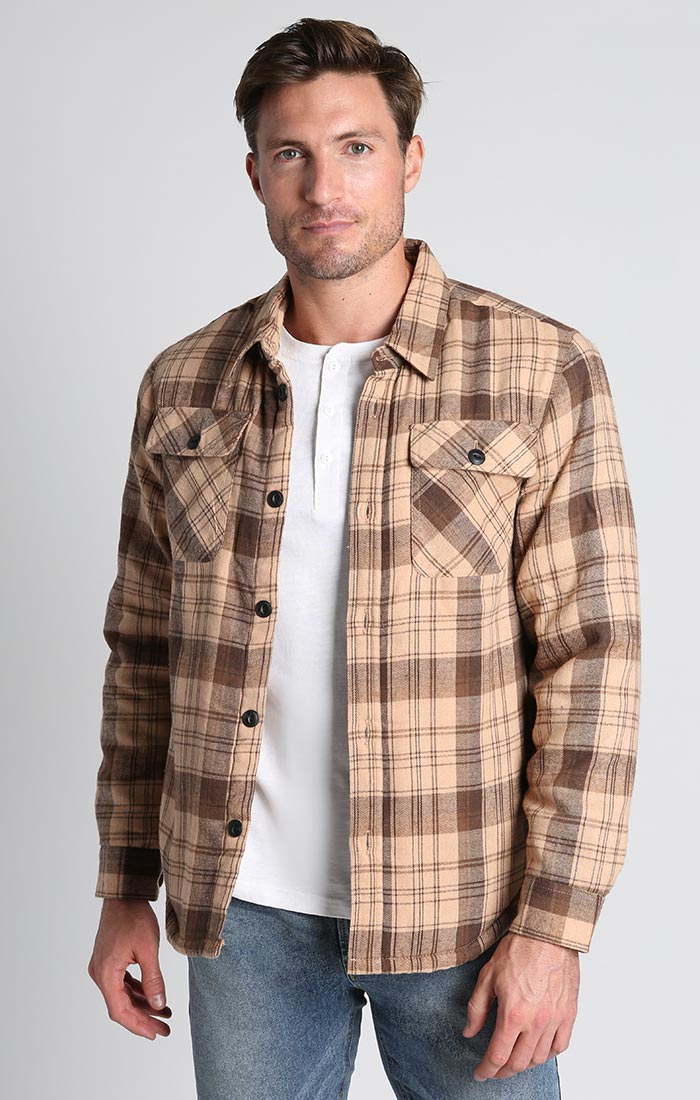 Light Brown Sherpa Lined Flannel Shirt Jacket - stjohnscountycondos