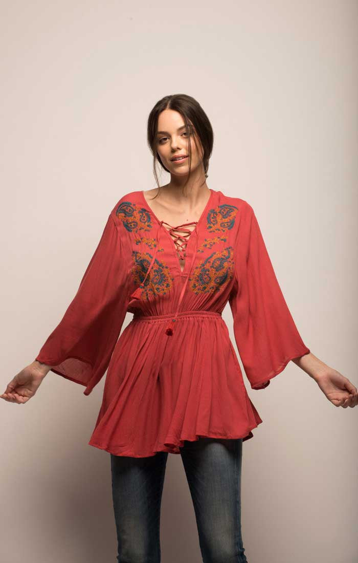 Embroidered Peasant Top - Deep Coral - stjohnscountycondos