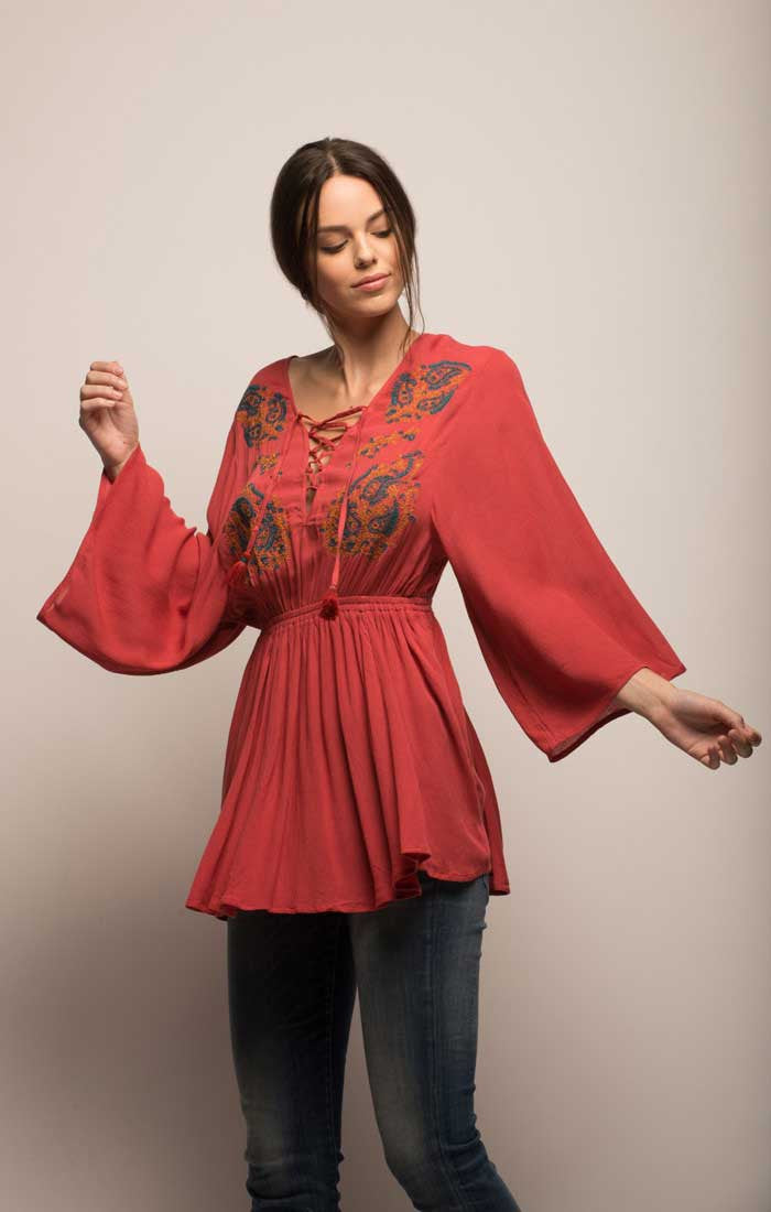 Embroidered Peasant Top - Deep Coral - stjohnscountycondos