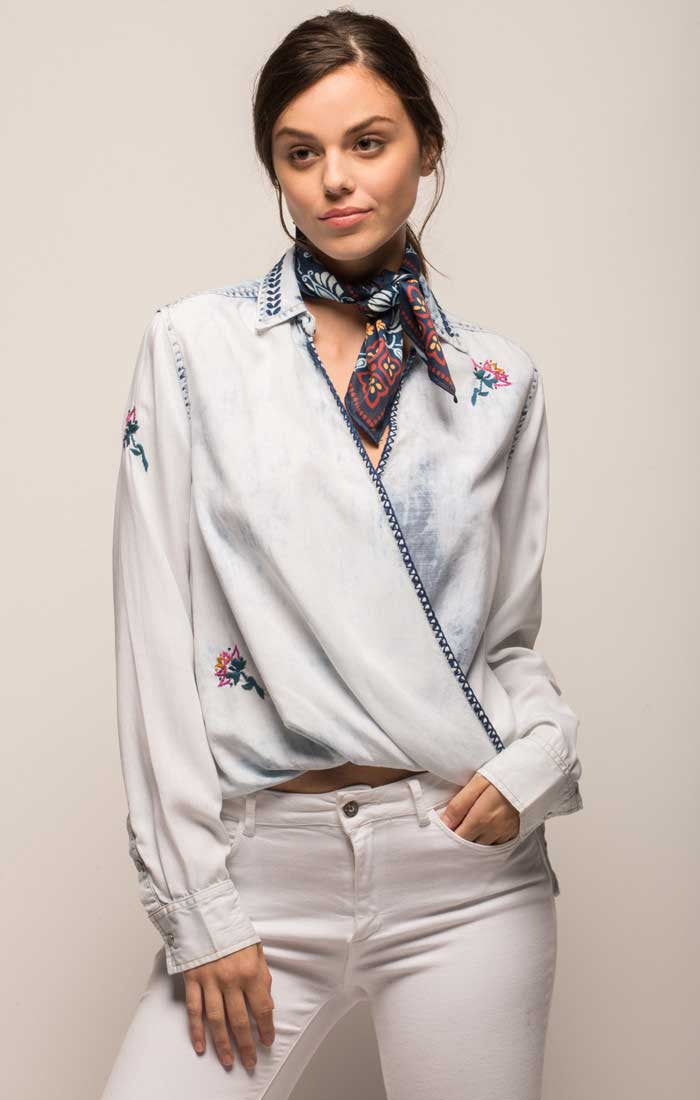 Embroidered Denim Crossover Blouse - stjohnscountycondos