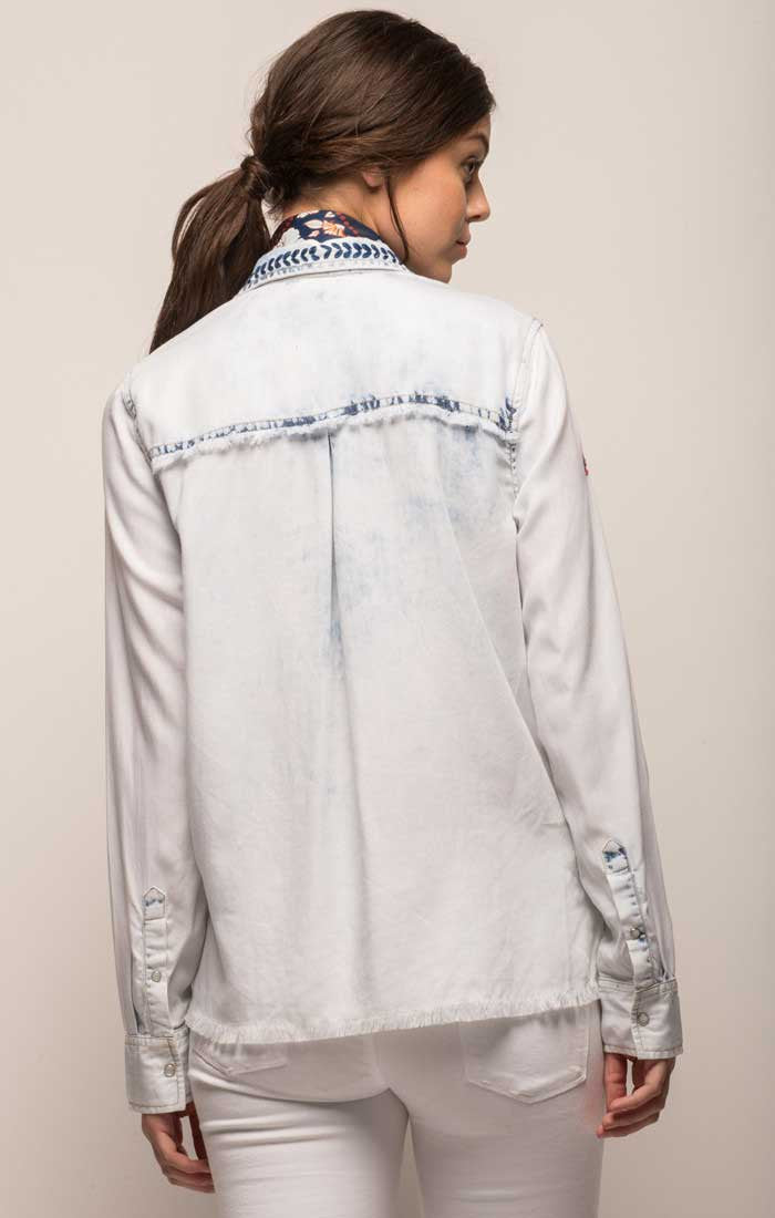 Embroidered Denim Crossover Blouse - stjohnscountycondos
