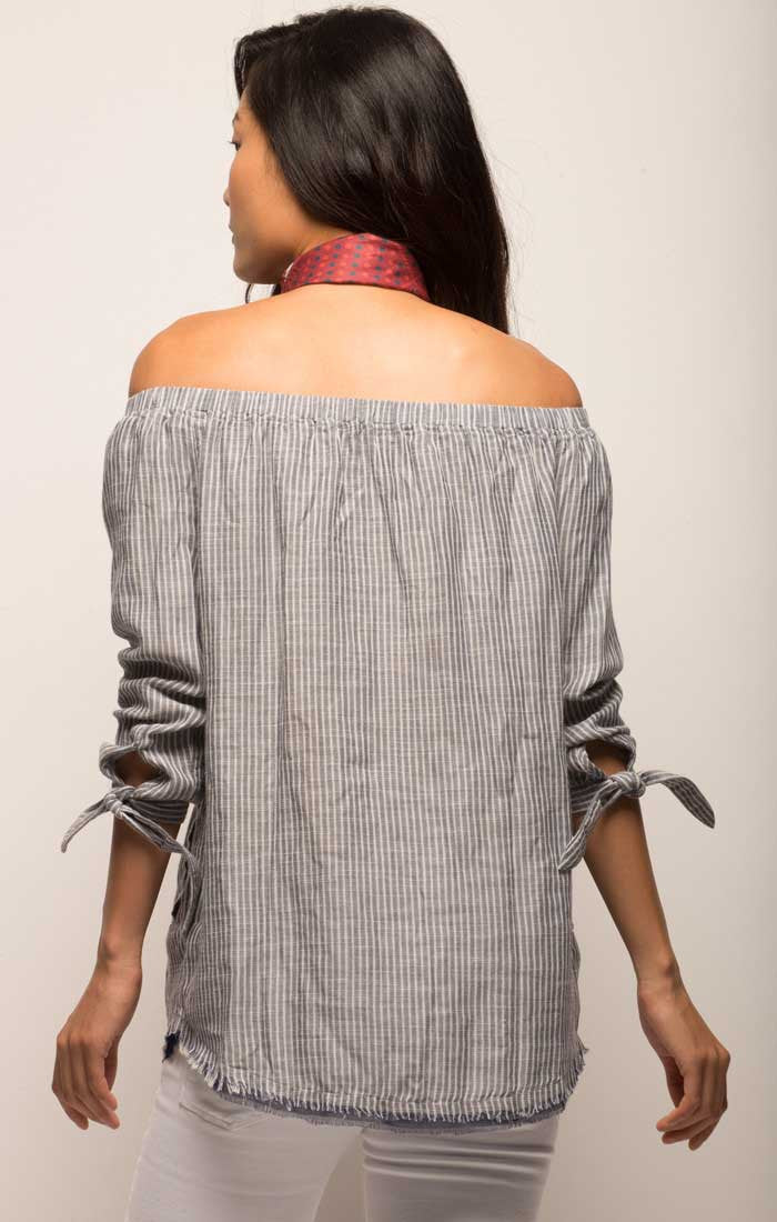 Off The Shoulder Striped Button Down - Blue - stjohnscountycondos