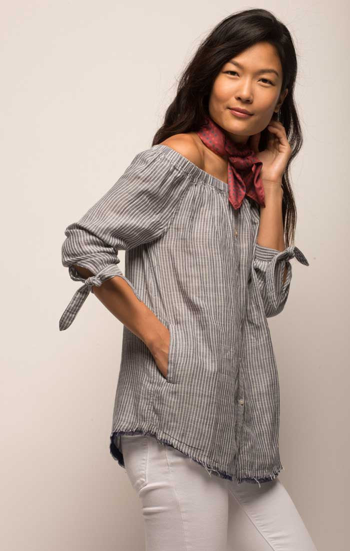 Off The Shoulder Striped Button Down - Blue - stjohnscountycondos