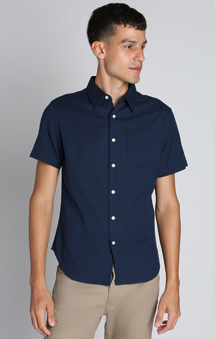 Navy Cotton Linen Short Sleeve Shirt - stjohnscountycondos