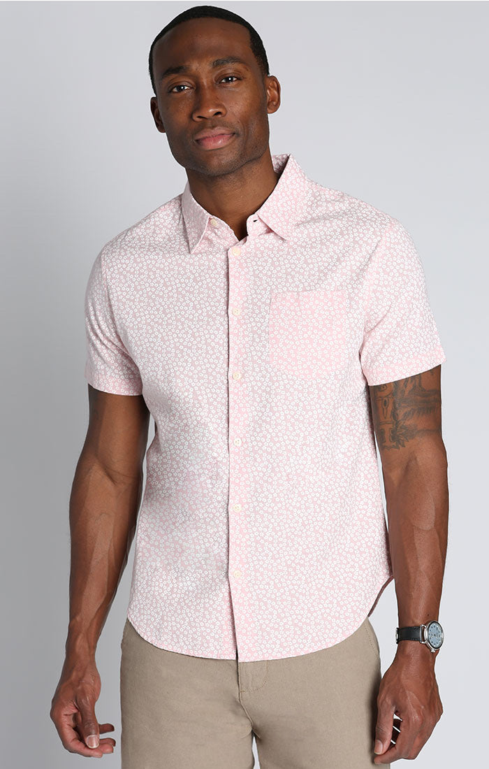 Pink Floral Print Cotton Linen Short Sleeve Shirt - stjohnscountycondos