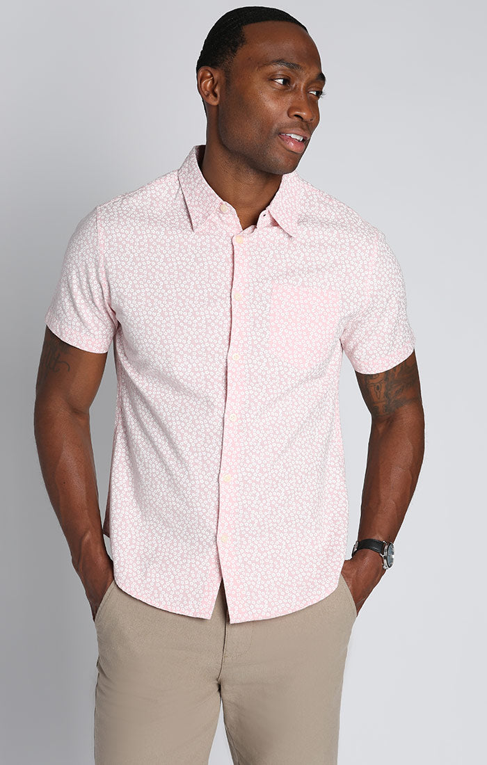 Pink Floral Print Cotton Linen Short Sleeve Shirt - stjohnscountycondos