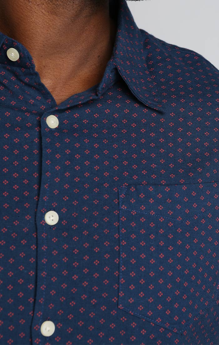Navy Geo Print Cotton Linen Short Sleeve Shirt - stjohnscountycondos