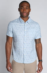 Blue Floral Print Cotton Linen Short Sleeve Shirt - stjohnscountycondos