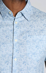 Blue Floral Print Cotton Linen Short Sleeve Shirt - stjohnscountycondos