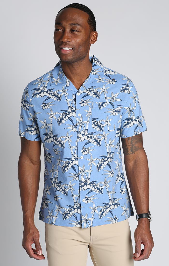 Blue Tropical Print Rayon Short Sleeve Camp Shirt - stjohnscountycondos