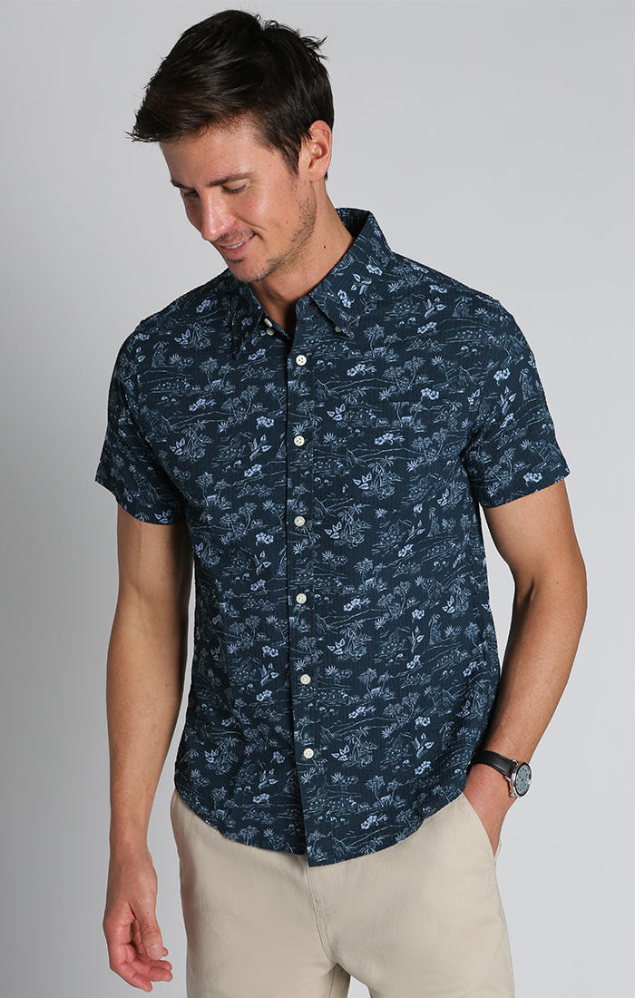Navy Island Print Seersucker Short Sleeve Shirt - stjohnscountycondos