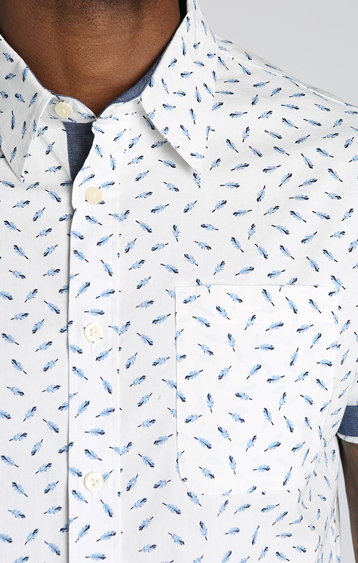 White Feather Print Stretch Short Sleeve Shirt - stjohnscountycondos