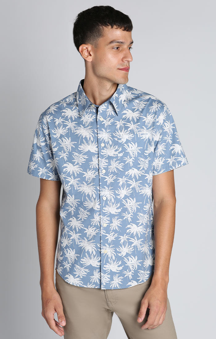 Blue Palm Tree Print Stretch Short Sleeve Shirt - stjohnscountycondos